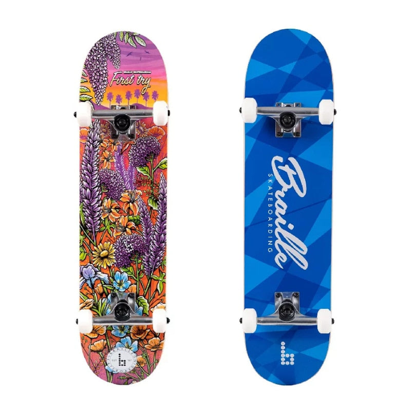 Braille Skateboarding - Blue, 31 In. x 7.75 In. Complete Skateboard, with 7-Ply Maple Deck, and Abec-7 Bearings