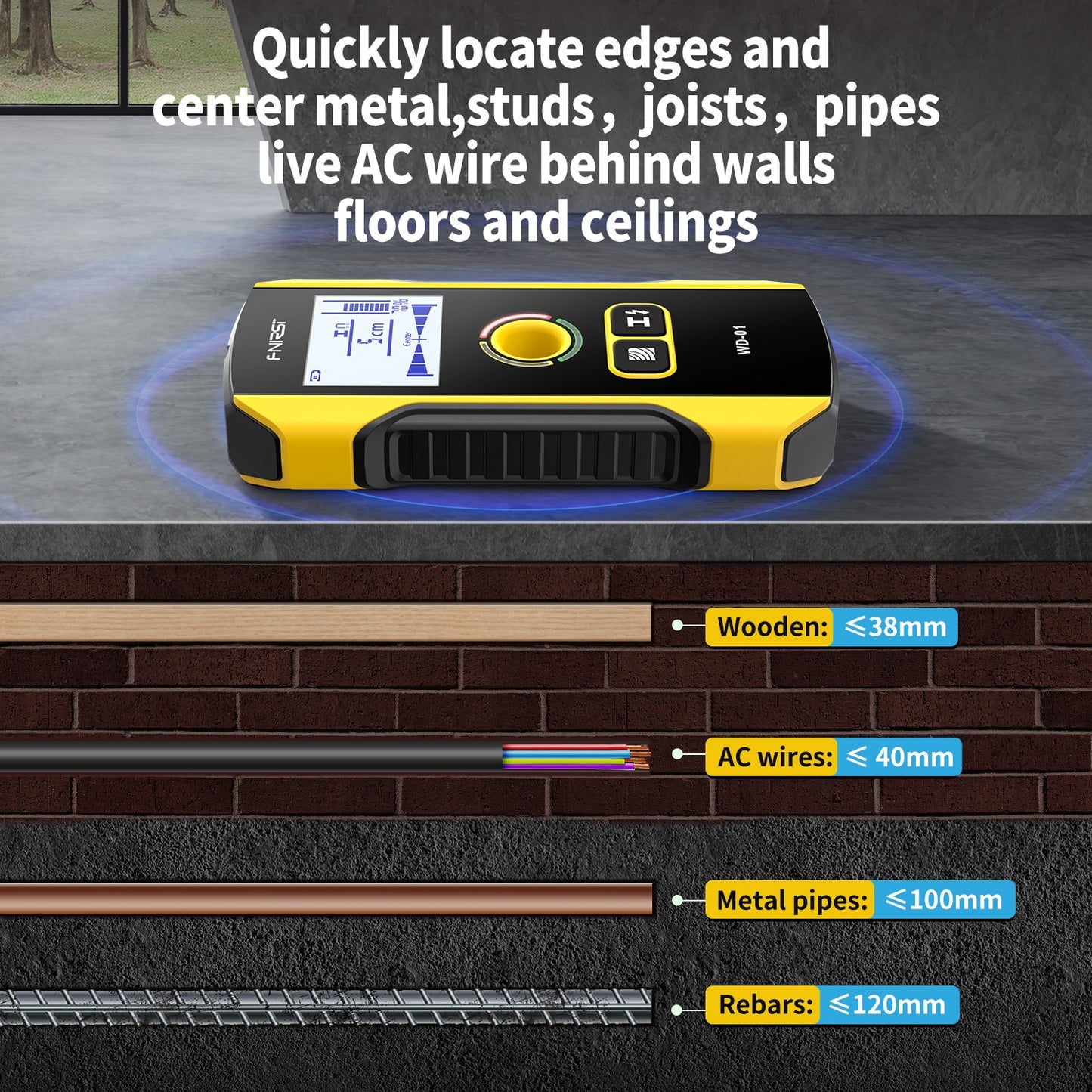 FNIRSI WD-01 Metal Detector Wall Scanner with Newly Designed Positioning Hole for AC Live Cable Wires Metal Wood Stud Find