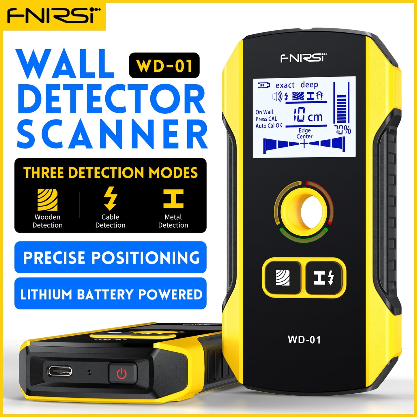 FNIRSI WD-01 Metal Detector Wall Scanner with Newly Designed Positioning Hole for AC Live Cable Wires Metal Wood Stud Find